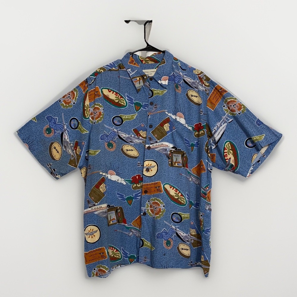 Reyn Spooner Dietrich Varez Hawaiian Shirt Mens XL Travel‎ Airlines Aloha Visit